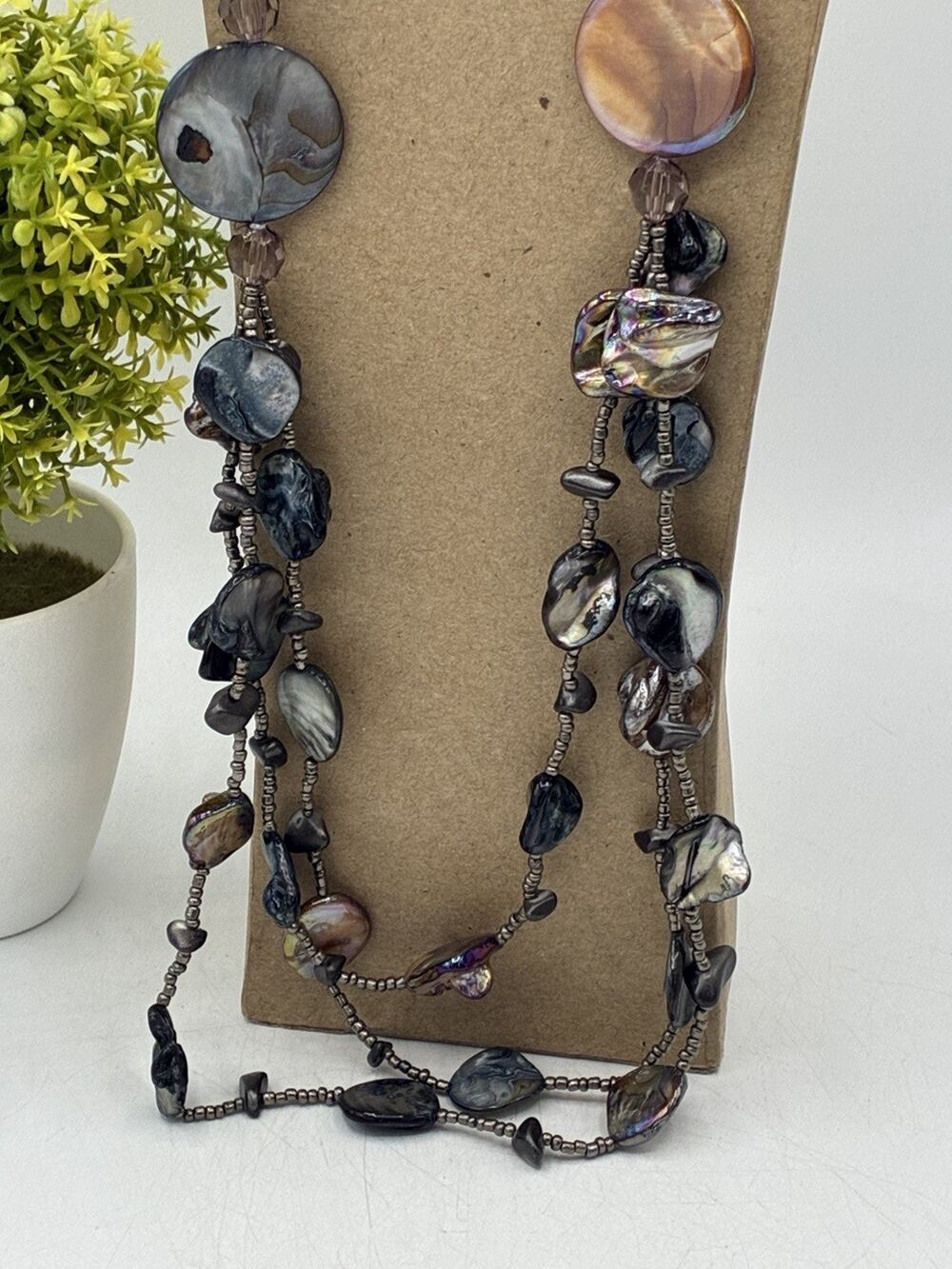 Sonoma Life and Style 28” Iridescent Shell Statement Necklace Gray Pink Beads